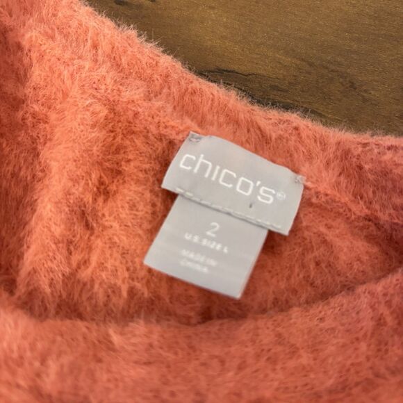 Chico's Womens 2 / L Sweater Puff Sleeve Eyelash Crewneck Pullover Soft Fuzzy - Picture 4 of 7